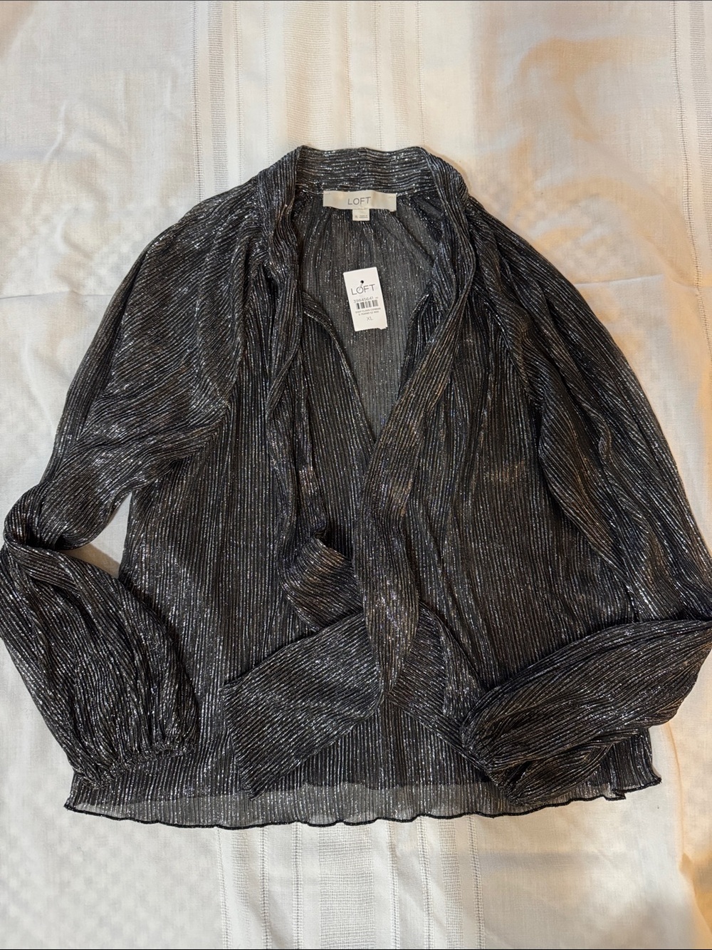 LOFT Metallic Black Pleated V-Neck Blouse